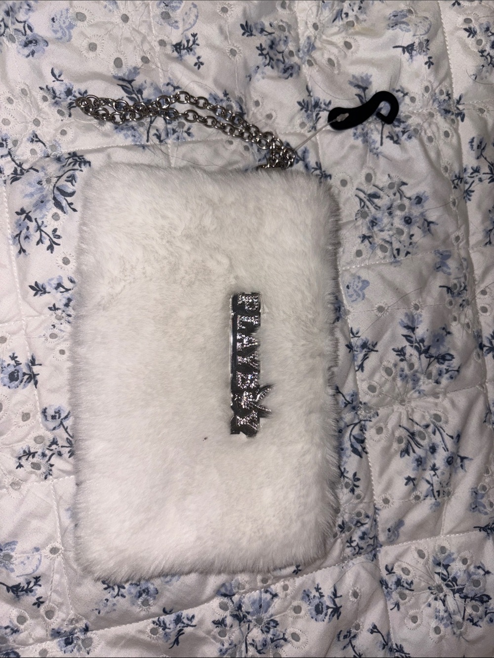 PLAYBOY White Faux Fur Clutch with Silver Chain and Crystal Logo
